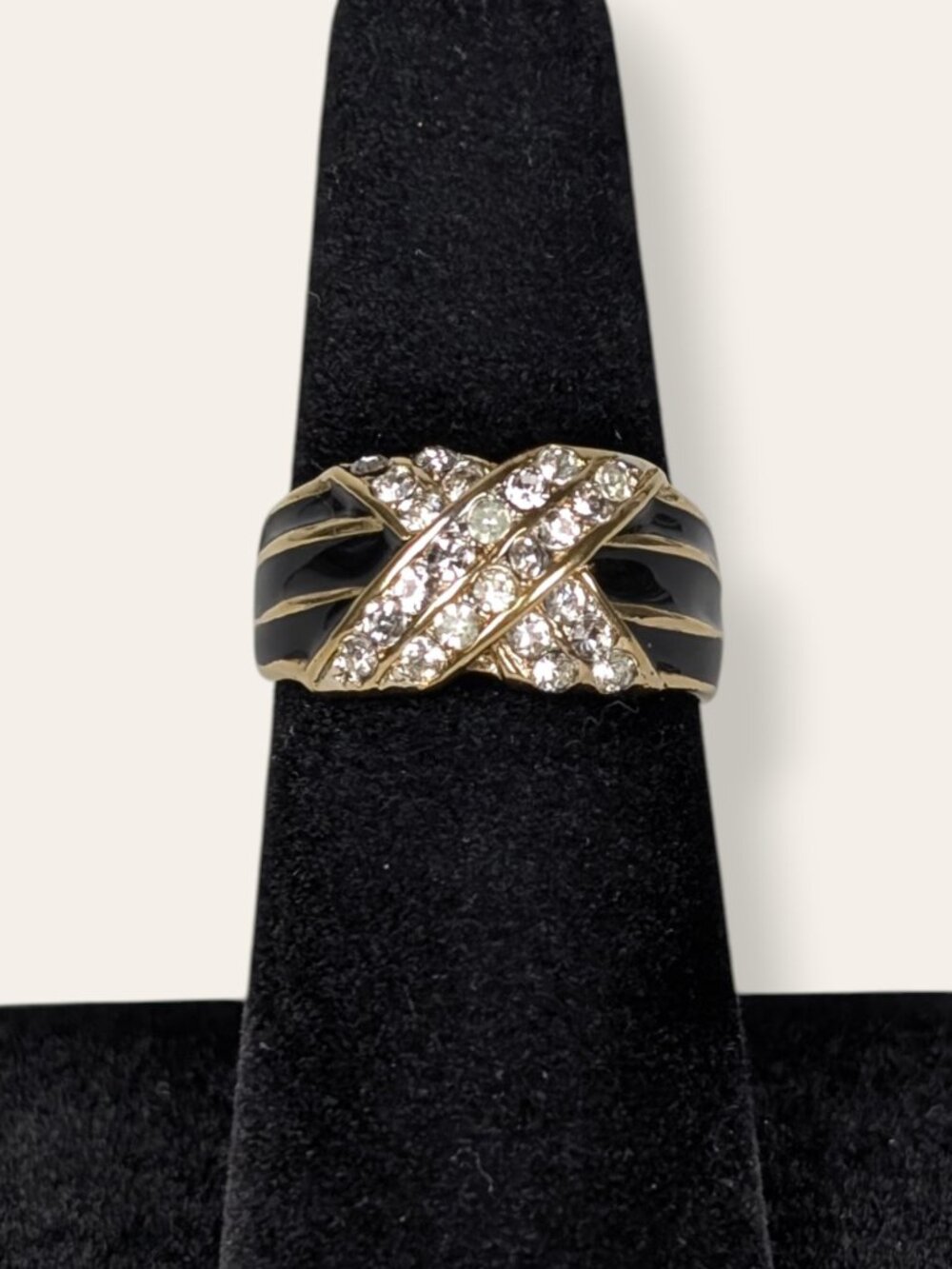 Vintage Black Enamel & Rhinestone Pave Statement Ring